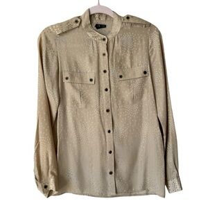 Club Monaco 100% Silk Polka Dot Button Up Tan Gold Blouse Women's XS